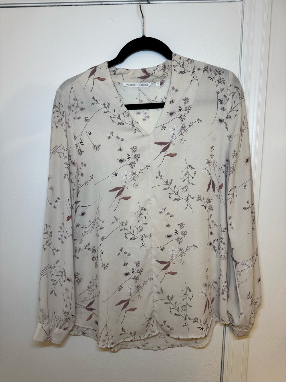 Violet & Claire Cream Floral V-Neck Blouse with Taupe Accents